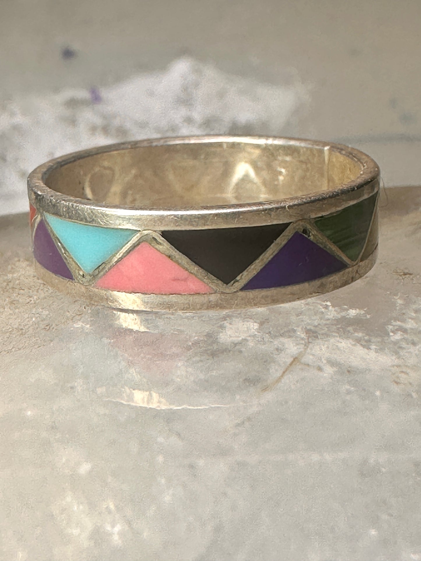 Zuni wedding ring turquoise malachite coral MOP size 12.75 sterling silver men