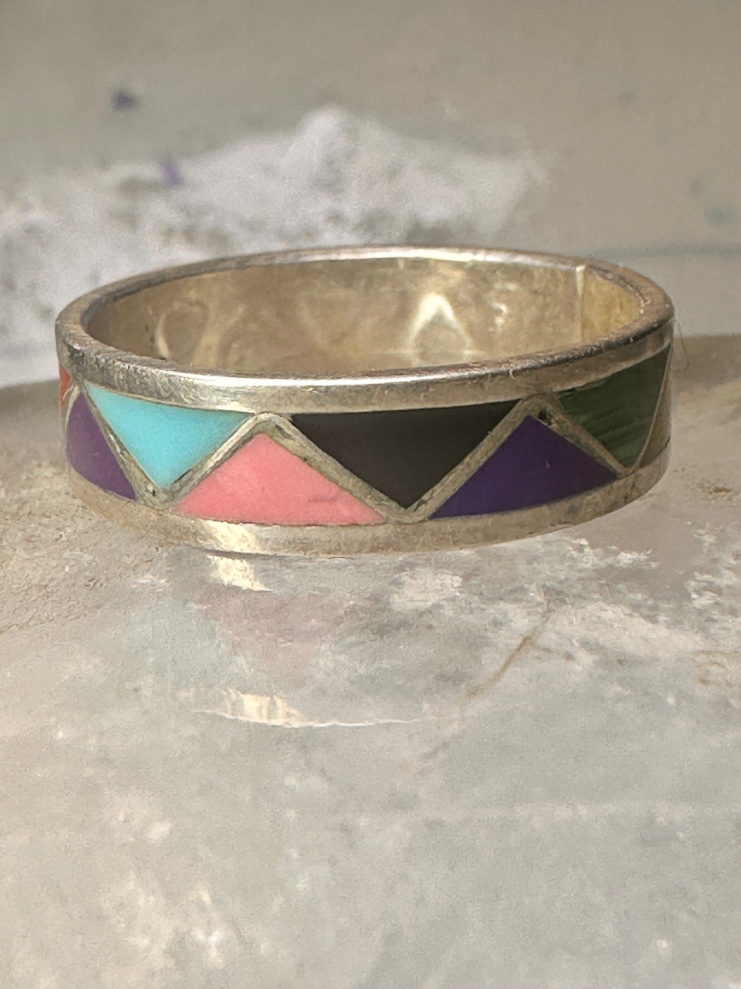 Zuni wedding ring turquoise malachite coral MOP size 12.75 sterling silver men