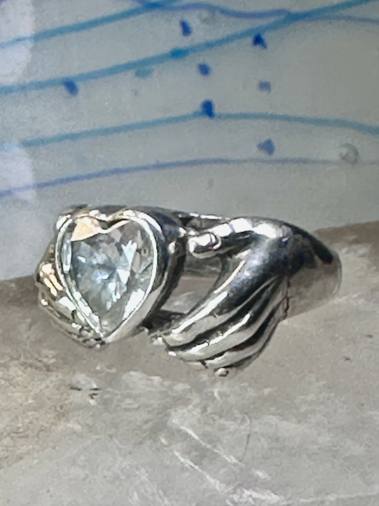 Heart ring Hands holding heart Valentine love band size 7.75 sterling silver women
