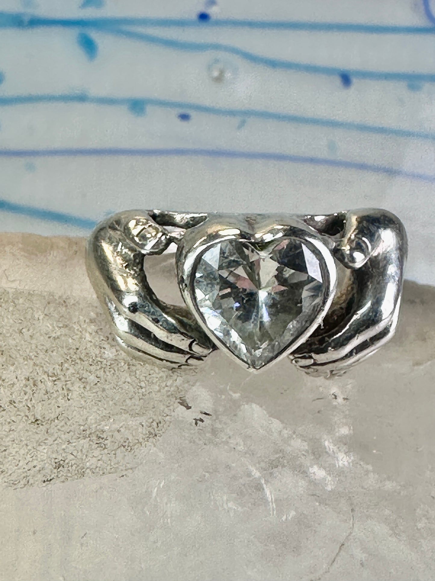 Heart ring Hands holding heart Valentine love band size 7.75 sterling silver women