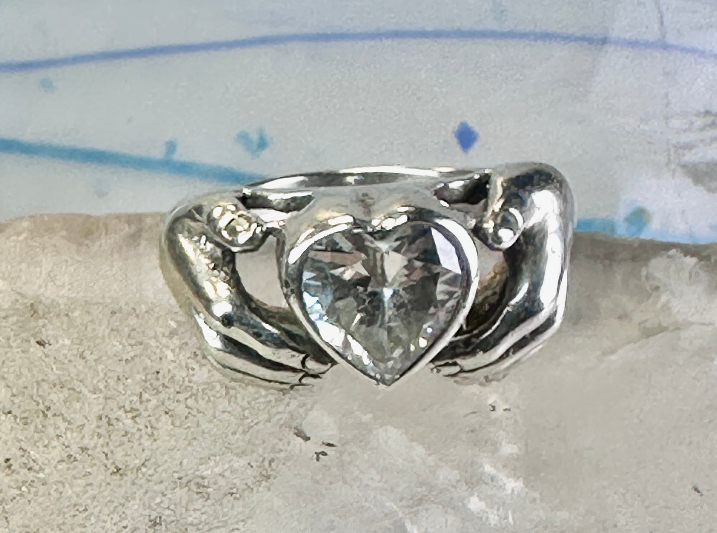 Heart ring Hands holding heart Valentine love band size 7.75 sterling silver women