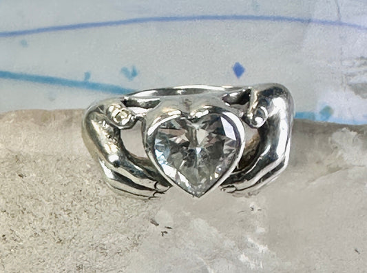 Heart ring Hands holding heart Valentine love band size 7.75 sterling silver women