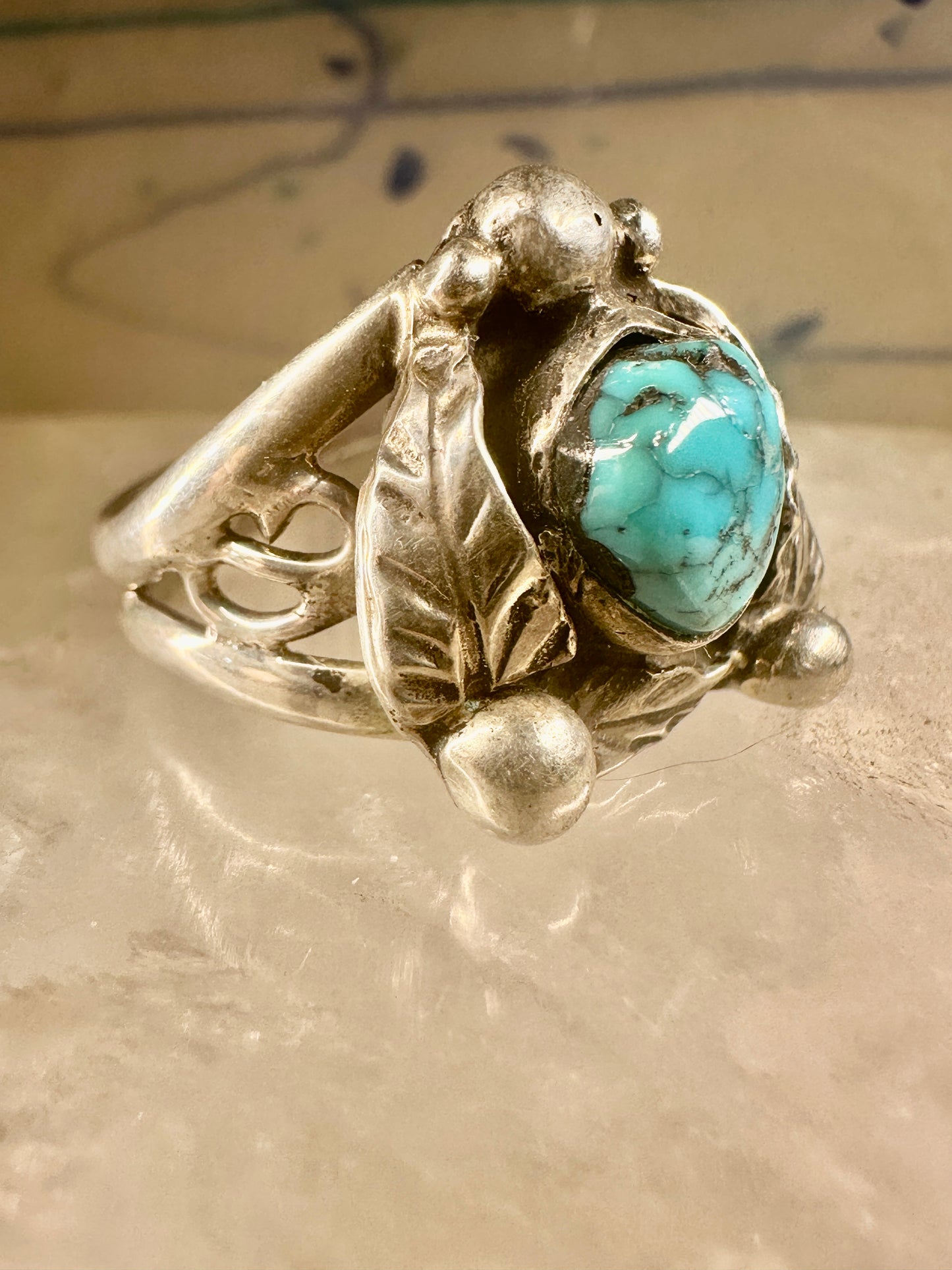 Navajo ring turquoise band leaves size 8 sterling silver women girls