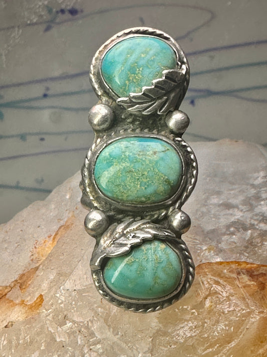 Navajo Long turquoise ring size 5.75 sterling silver feathers leaf women