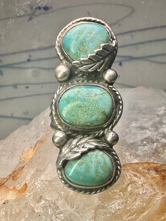 Navajo Long turquoise ring size 5.75 sterling silver feathers leaf women
