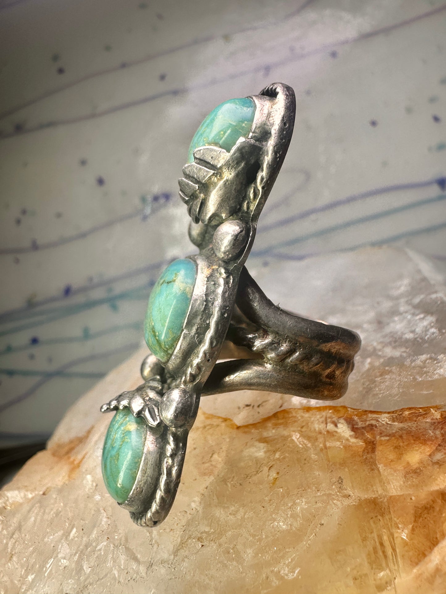 Navajo Long turquoise ring size 5.75 sterling silver feathers leaf women