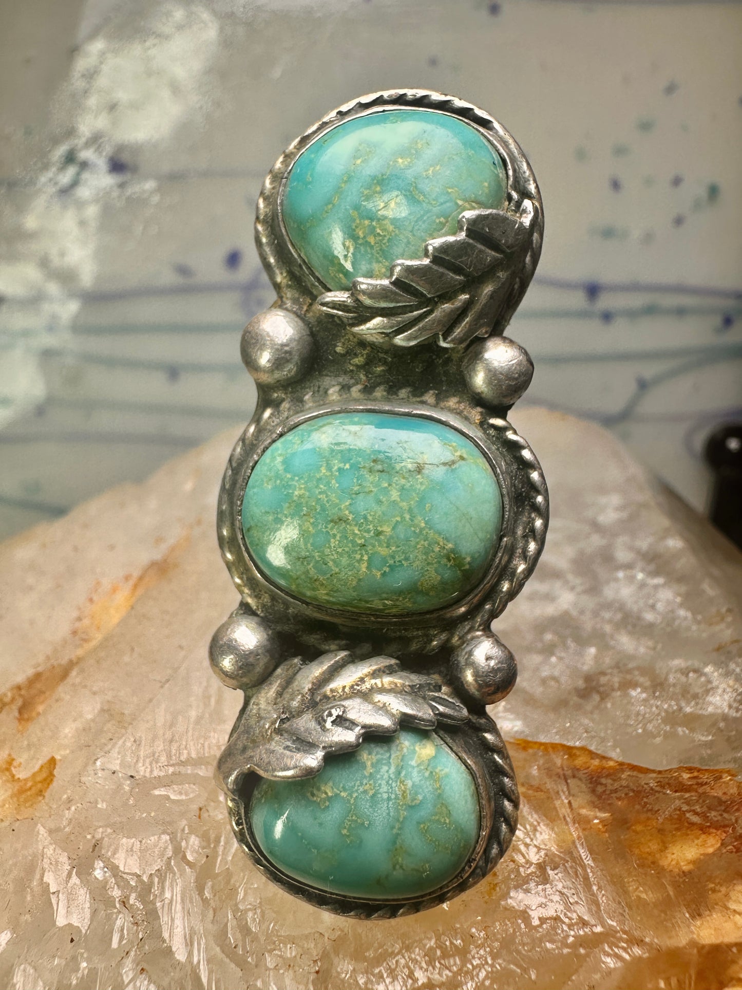 Navajo Long turquoise ring size 5.75 sterling silver feathers leaf women