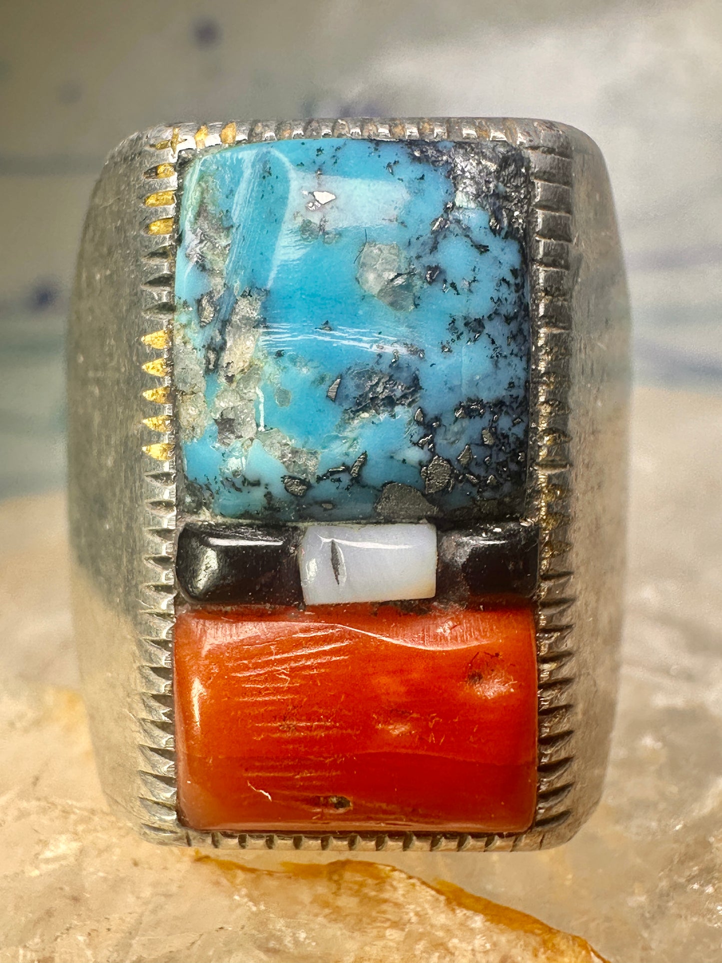 Navajo ring cobblestone turquoise coral MOP onyx size 10 sterling silver men women