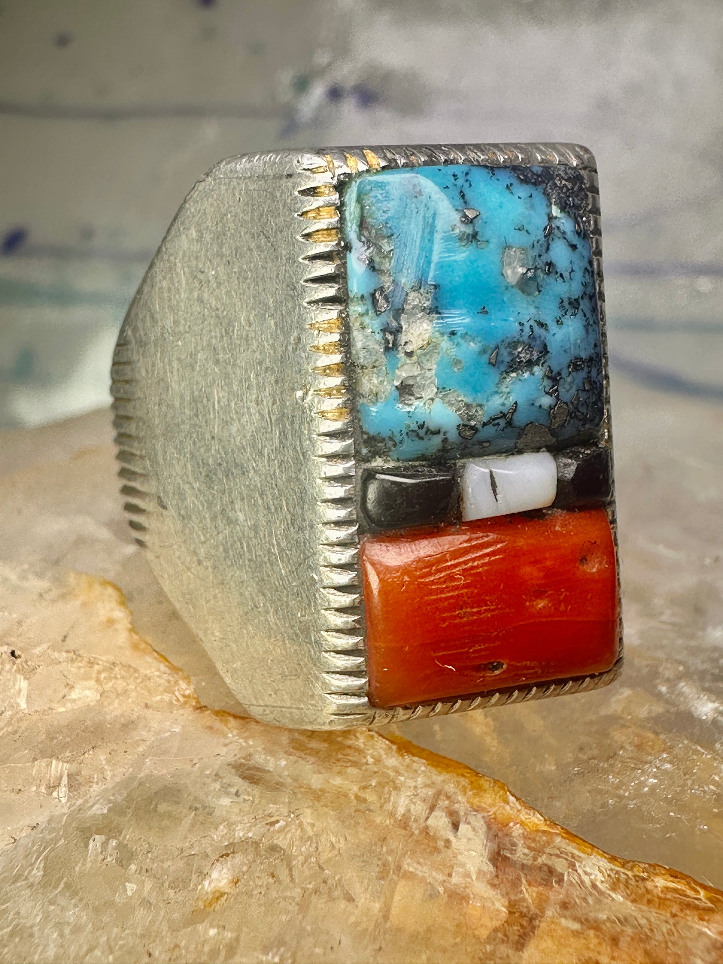 Navajo ring cobblestone turquoise coral MOP onyx size 10 sterling silver men women
