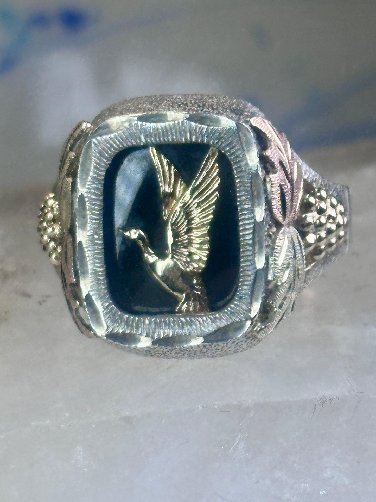 Black Hills Gold ring onyx size 10.75 duck goose Sterling silver 12K