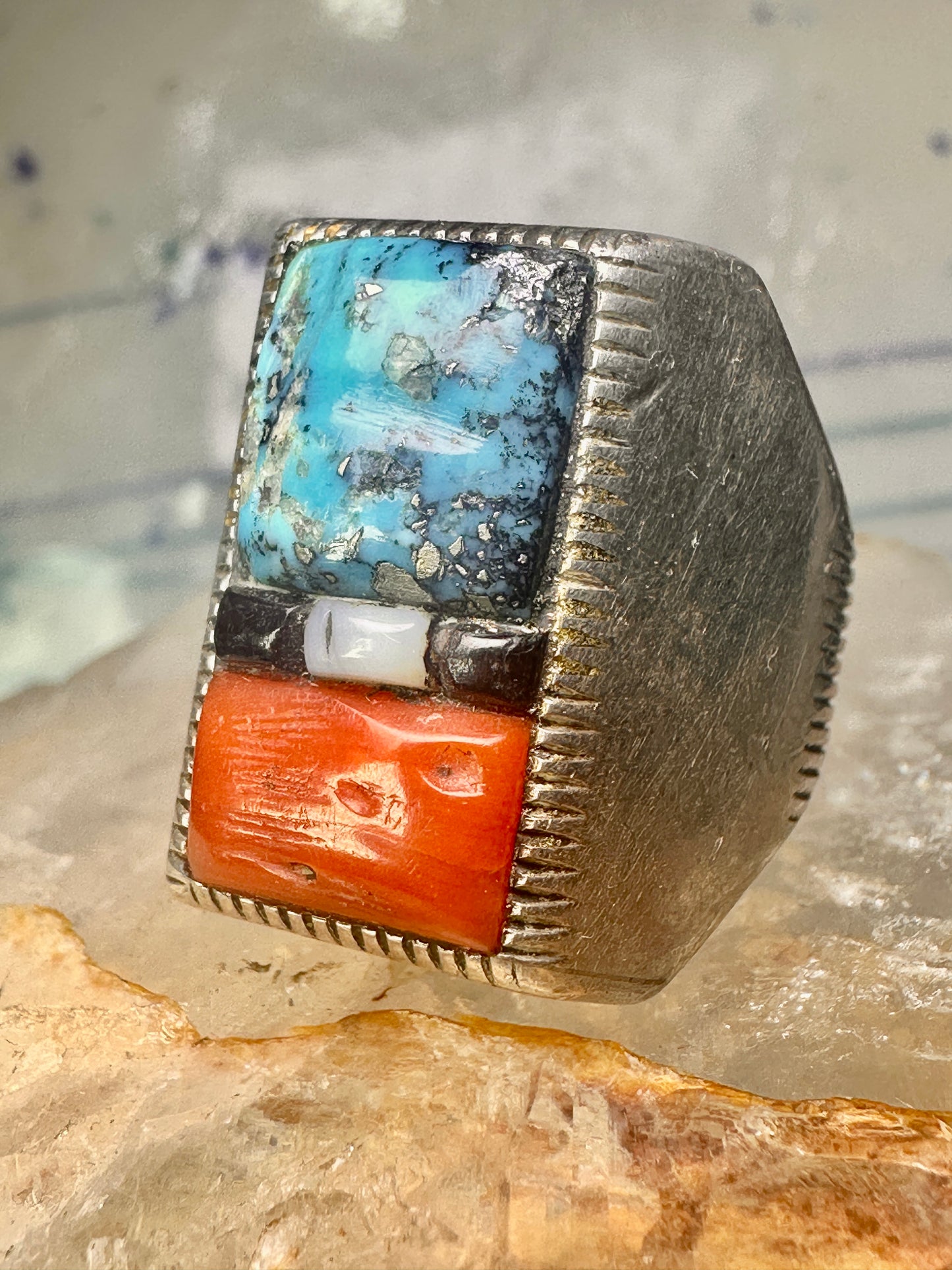Navajo ring cobblestone turquoise coral MOP onyx size 10 sterling silver men women