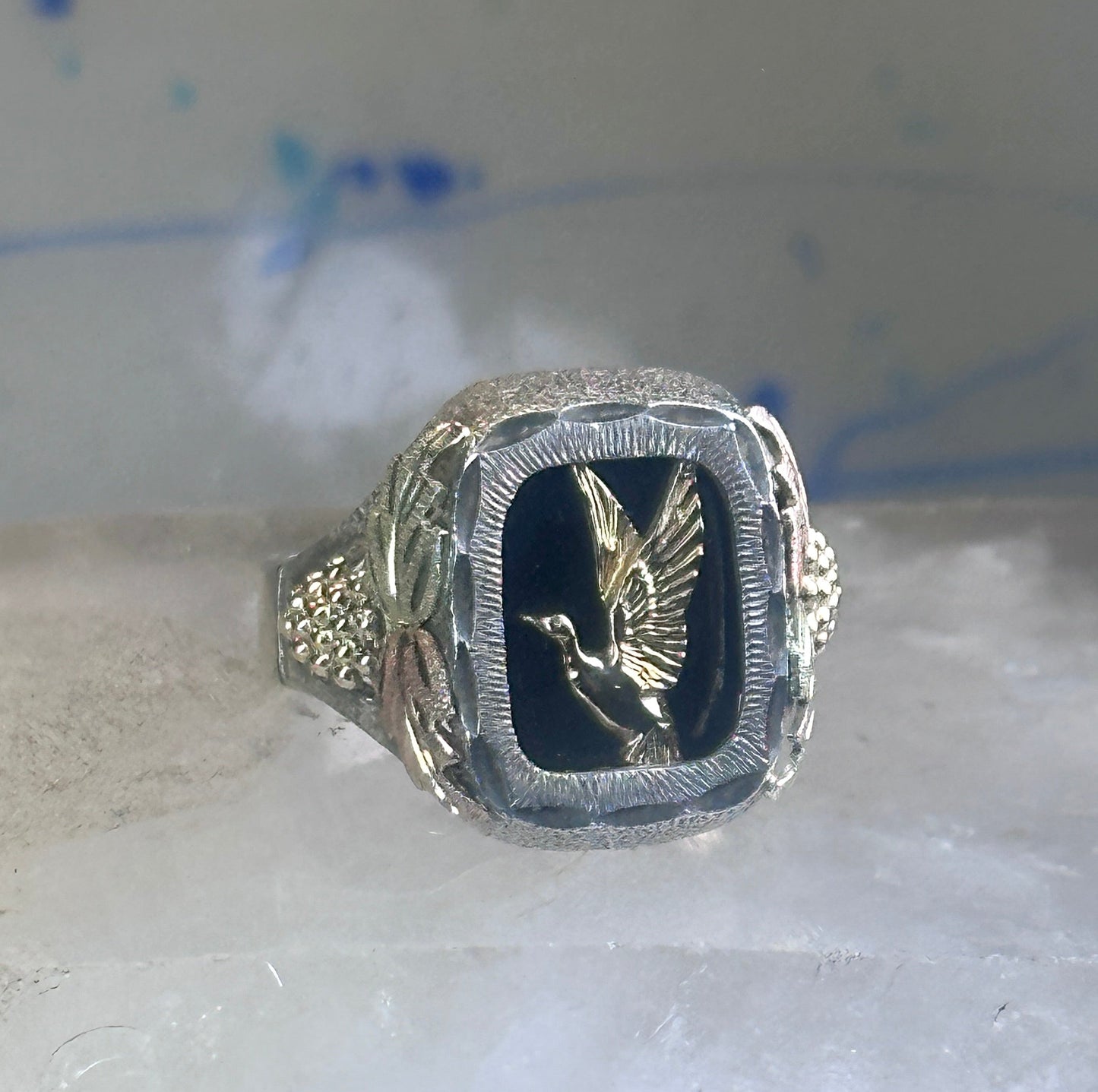 Black Hills Gold ring onyx size 10.75 duck goose Sterling silver 12K