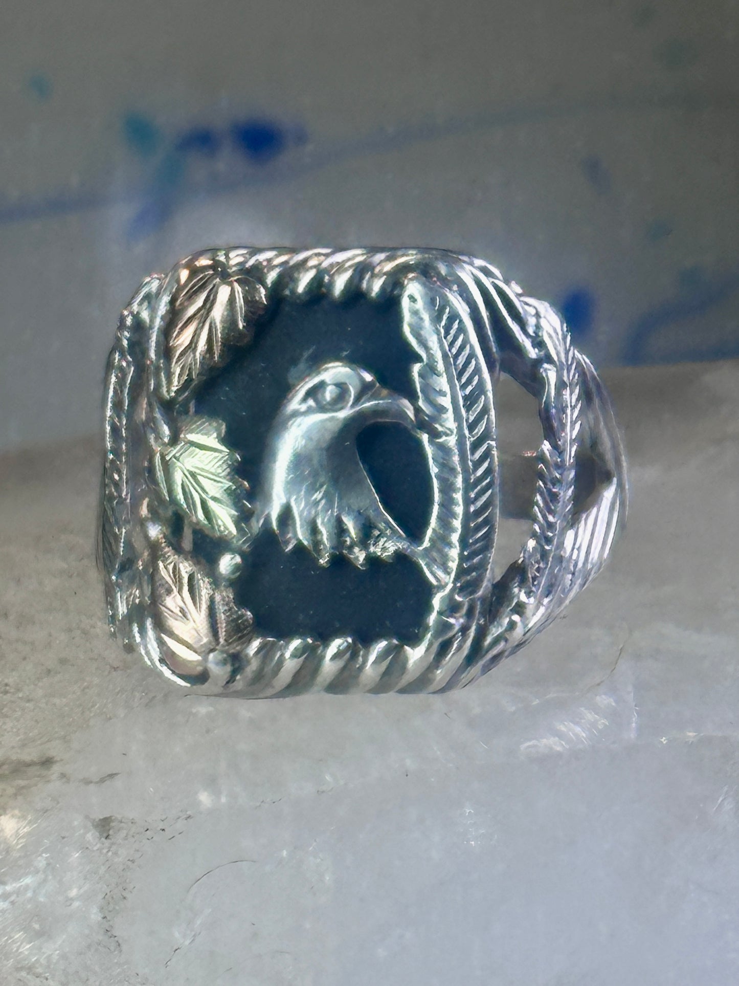Black Hills Gold onyx ring size 11 Eagle feather Sterling silver women men 12K