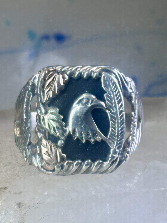 Black Hills Gold onyx ring size 11 Eagle feather Sterling silver women men 12K