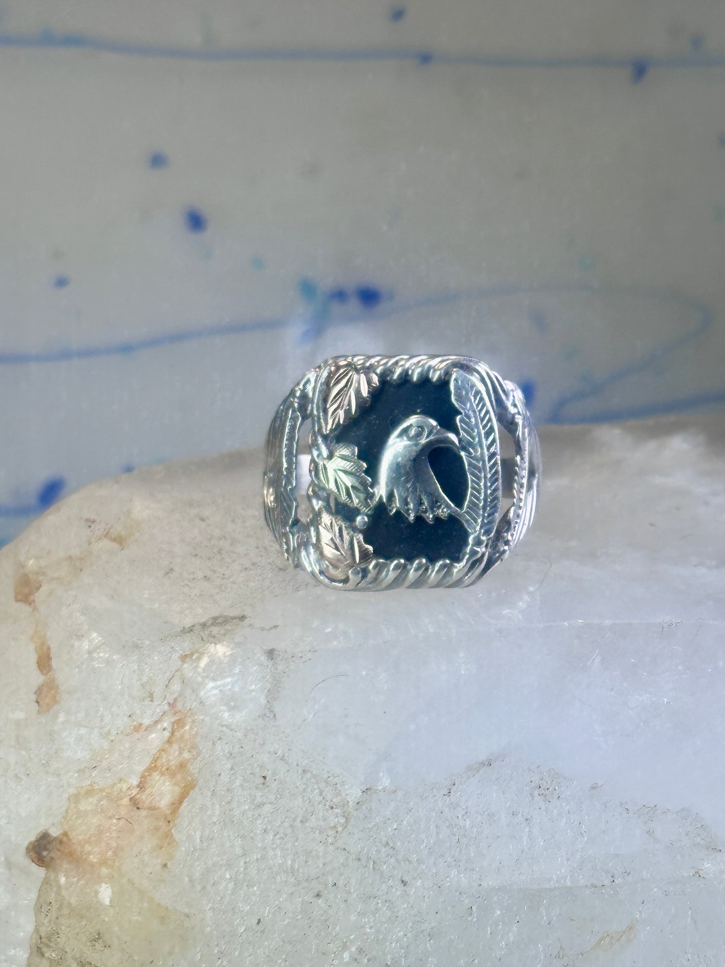 Black Hills Gold onyx ring size 11 Eagle feather Sterling silver women men 12K