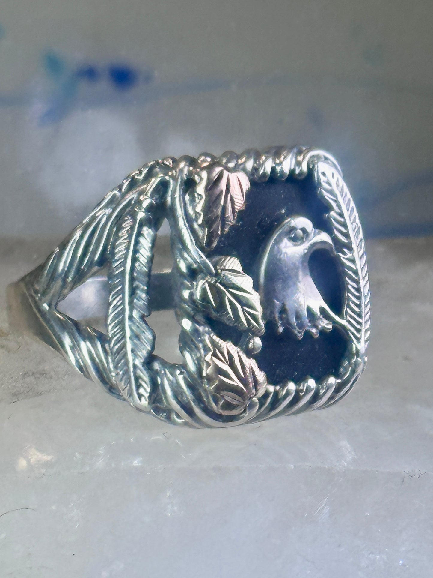 Black Hills Gold onyx ring size 11 Eagle feather Sterling silver women men 12K