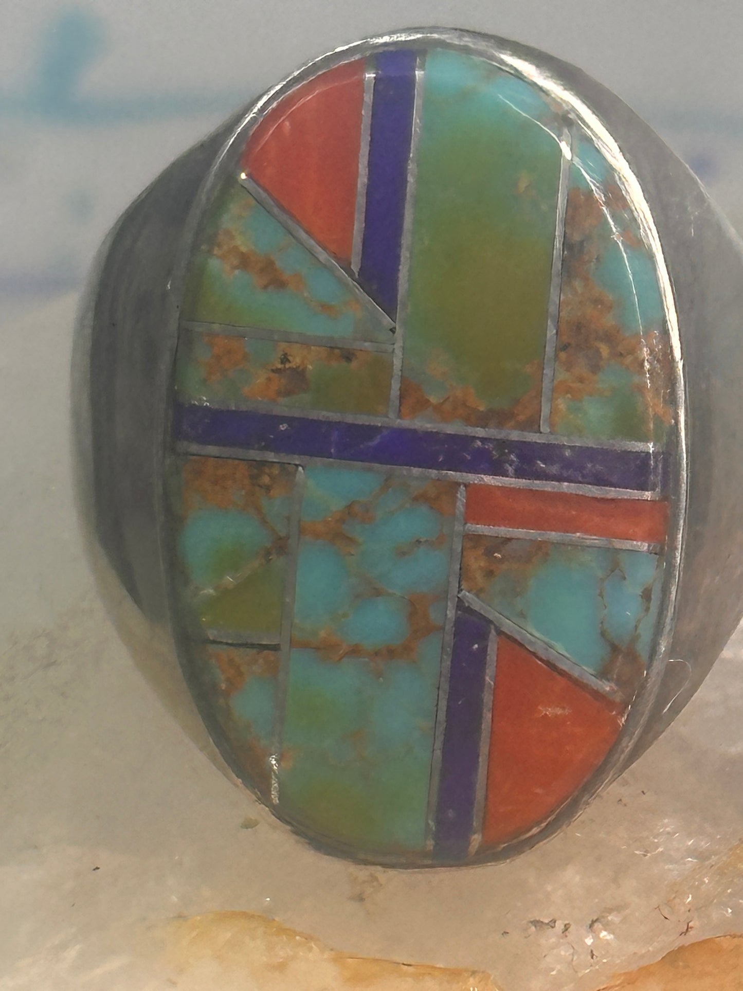Zuni ring Turquoise spiny oyster lapis inlay band size 10 sterling silver
