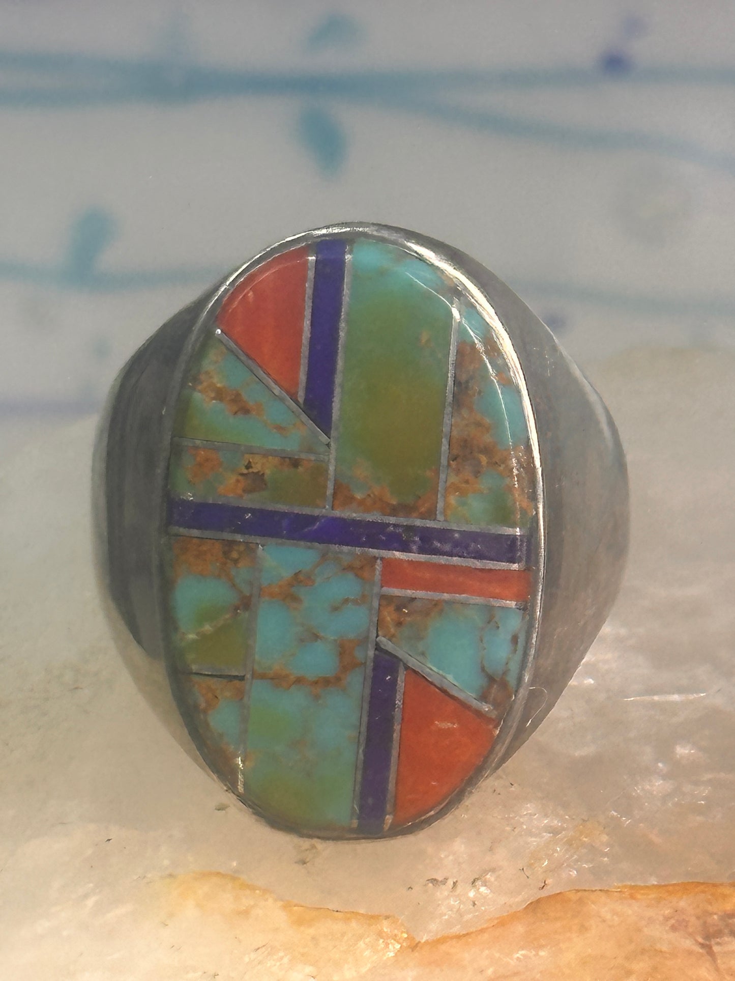 Zuni ring Turquoise spiny oyster lapis inlay band size 10 sterling silver