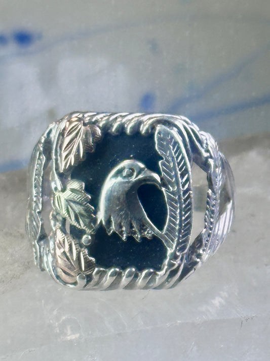 Black Hills Gold onyx ring size 11 Eagle feather Sterling silver women men 12K