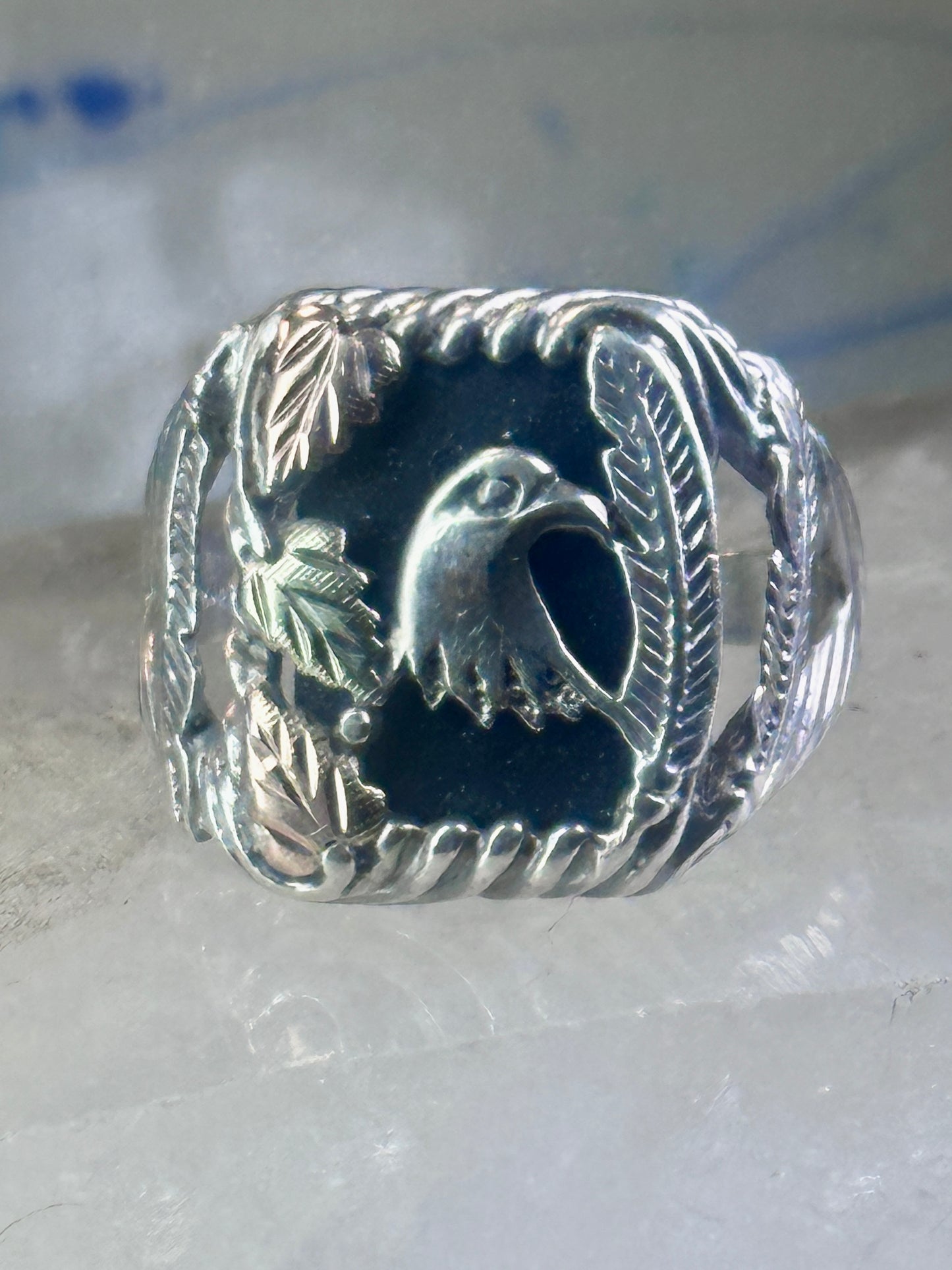 Black Hills Gold onyx ring size 11 Eagle feather Sterling silver women men 12K