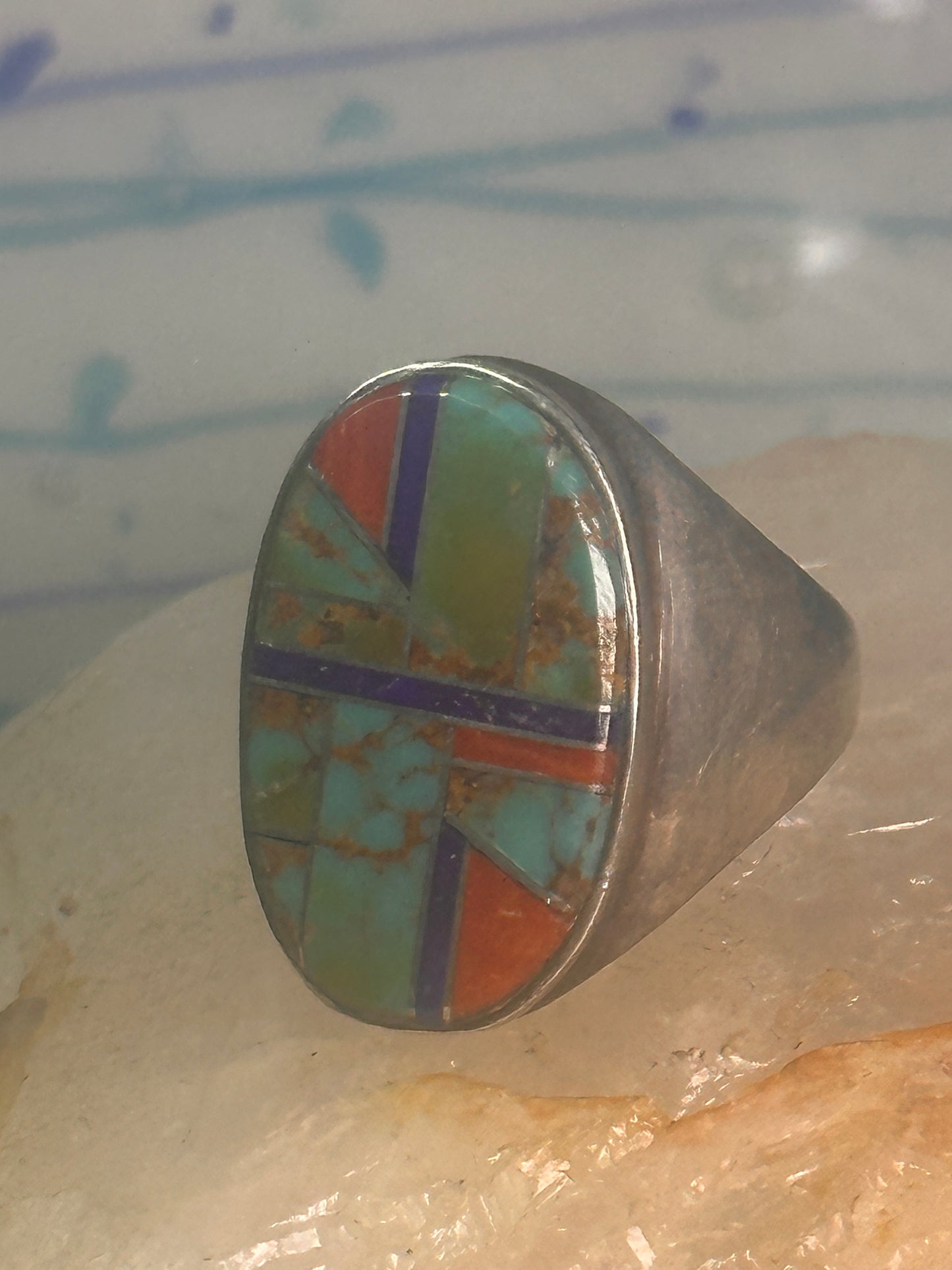 Zuni ring Turquoise spiny oyster lapis inlay band size 10 sterling silver