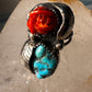 Turquoise ring coral rose Navajo leaves size 6.75 sterling silver women