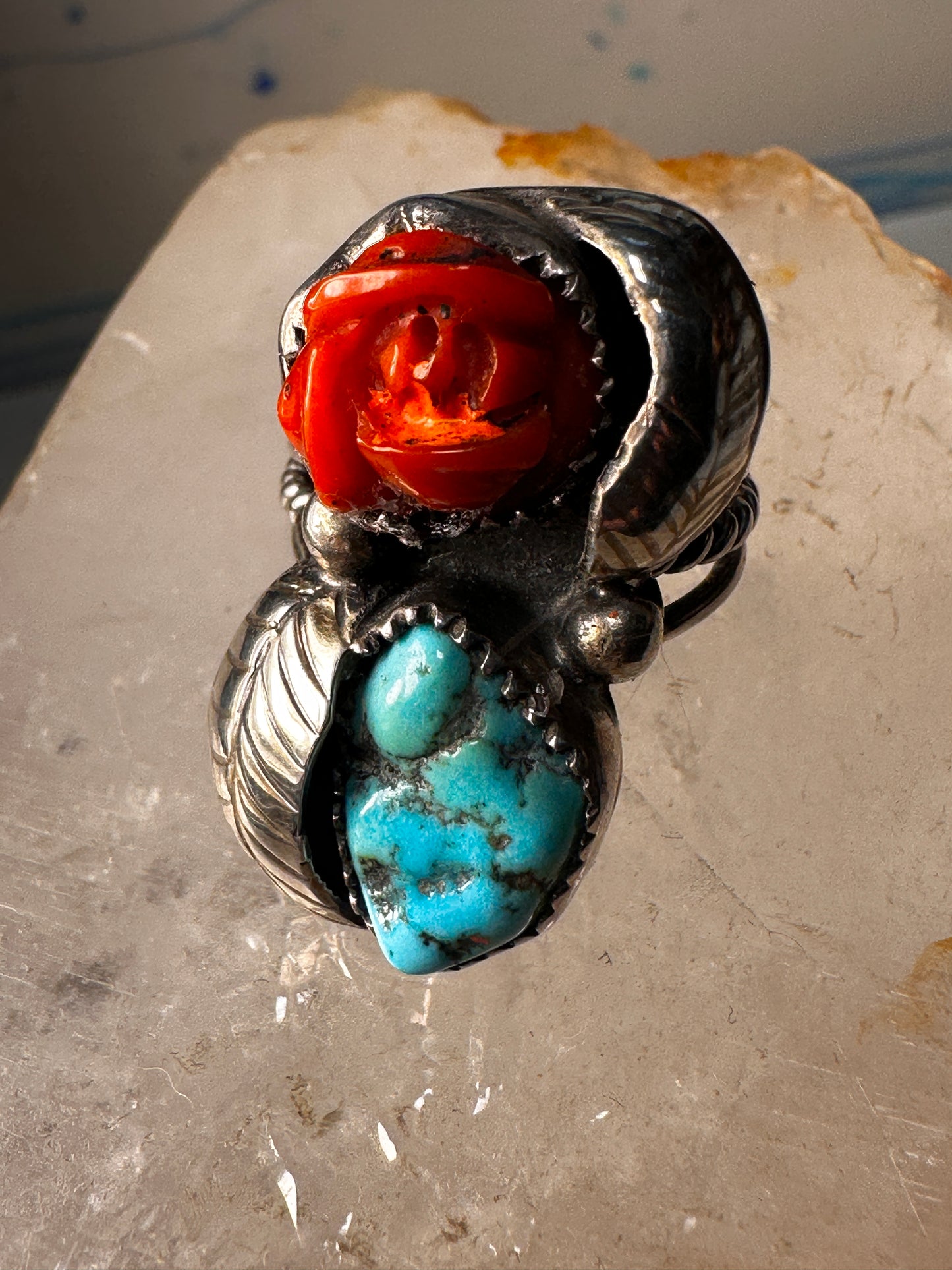Turquoise ring coral rose Navajo leaves size 6.75 sterling silver women