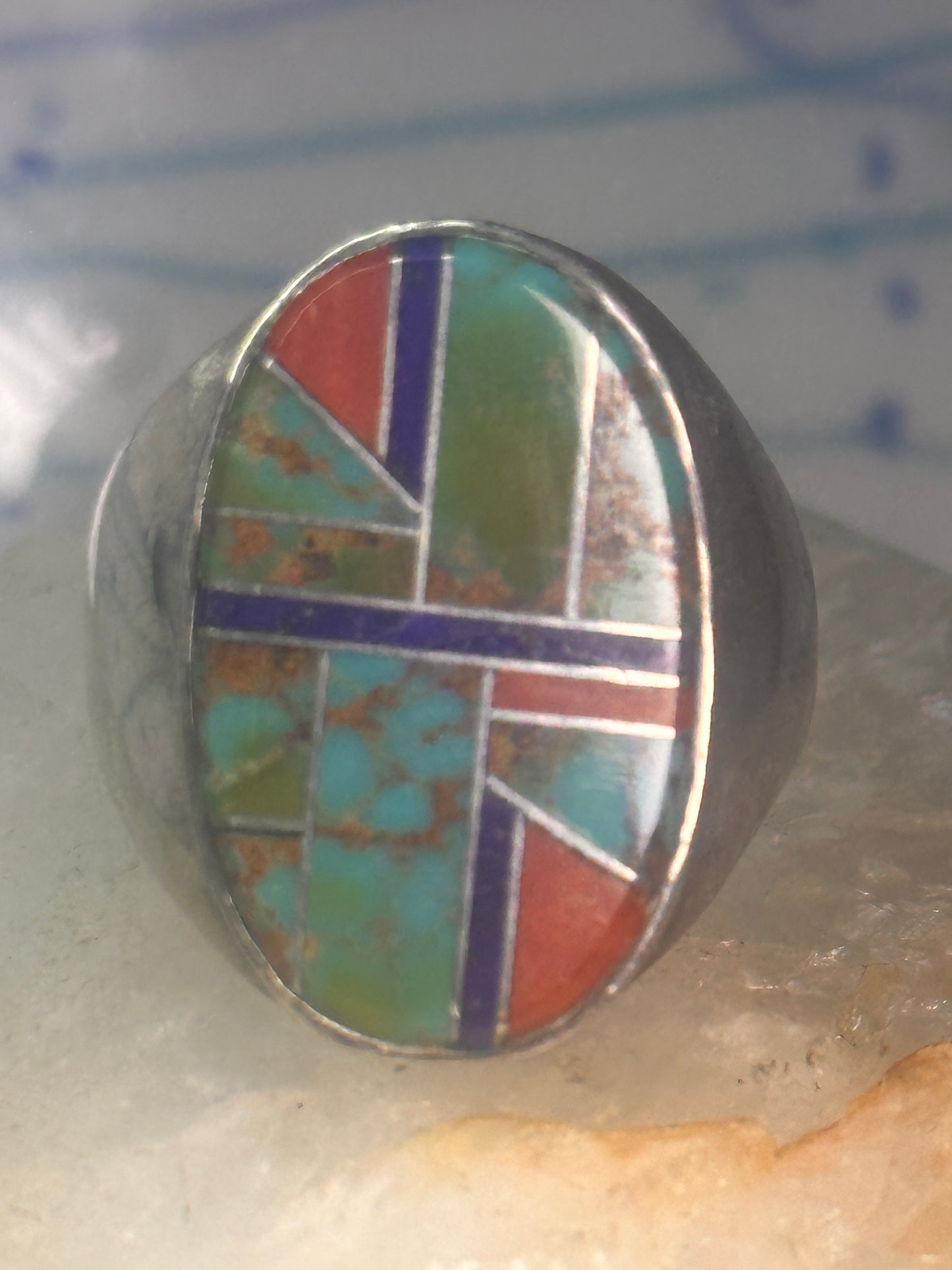 Zuni ring Turquoise spiny oyster lapis inlay band size 10 sterling silver