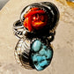 Turquoise ring coral rose Navajo leaves size 6.75 sterling silver women