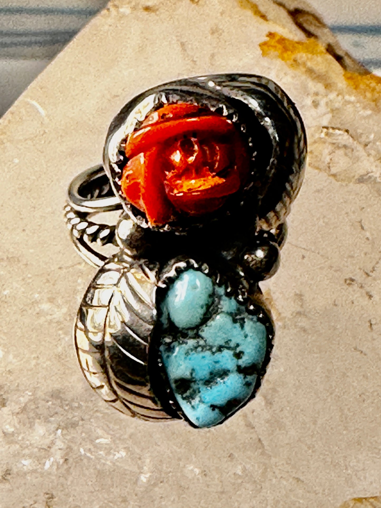 Turquoise ring coral rose Navajo leaves size 6.75 sterling silver women