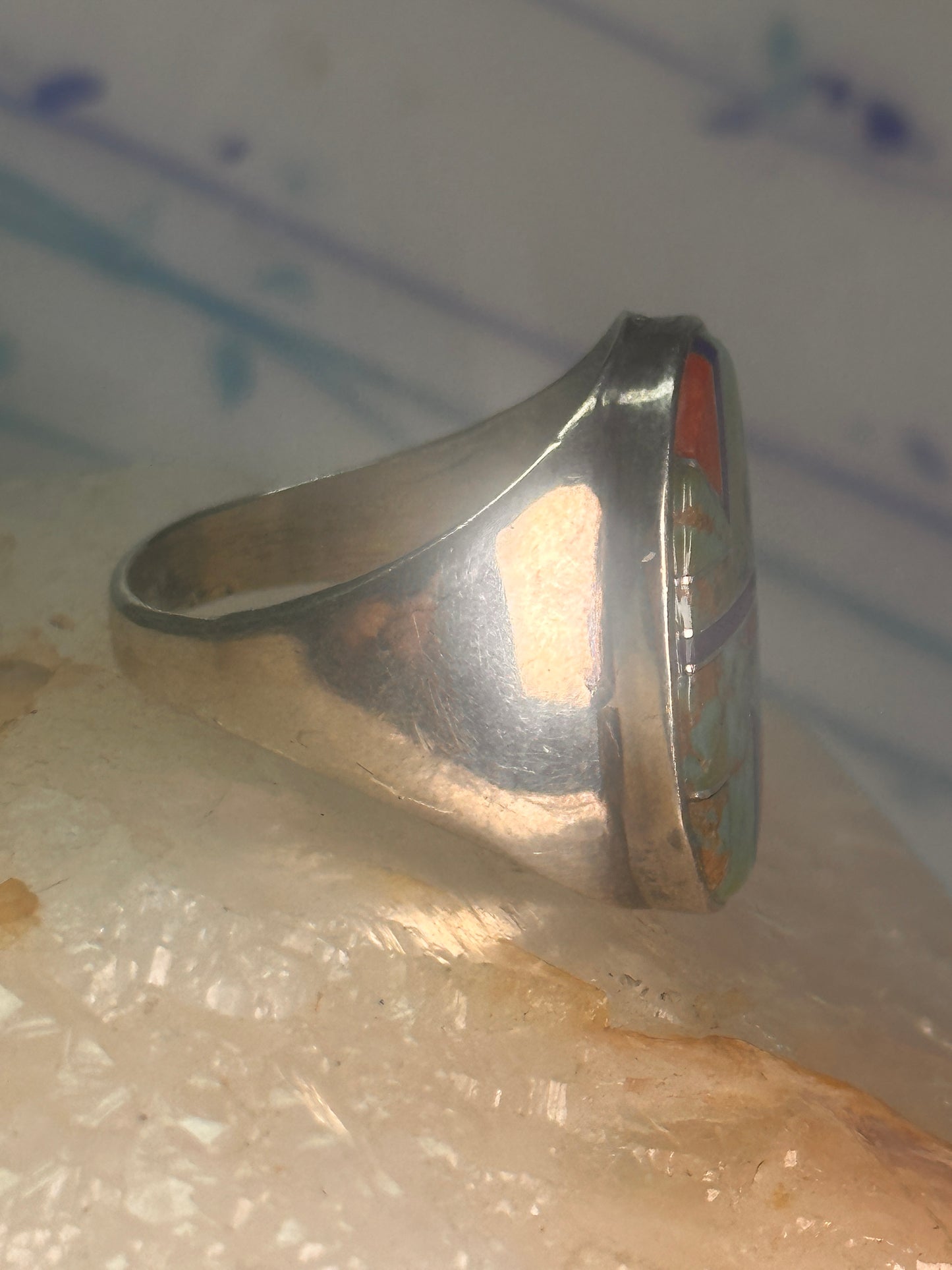 Zuni ring Turquoise spiny oyster lapis inlay band size 10 sterling silver