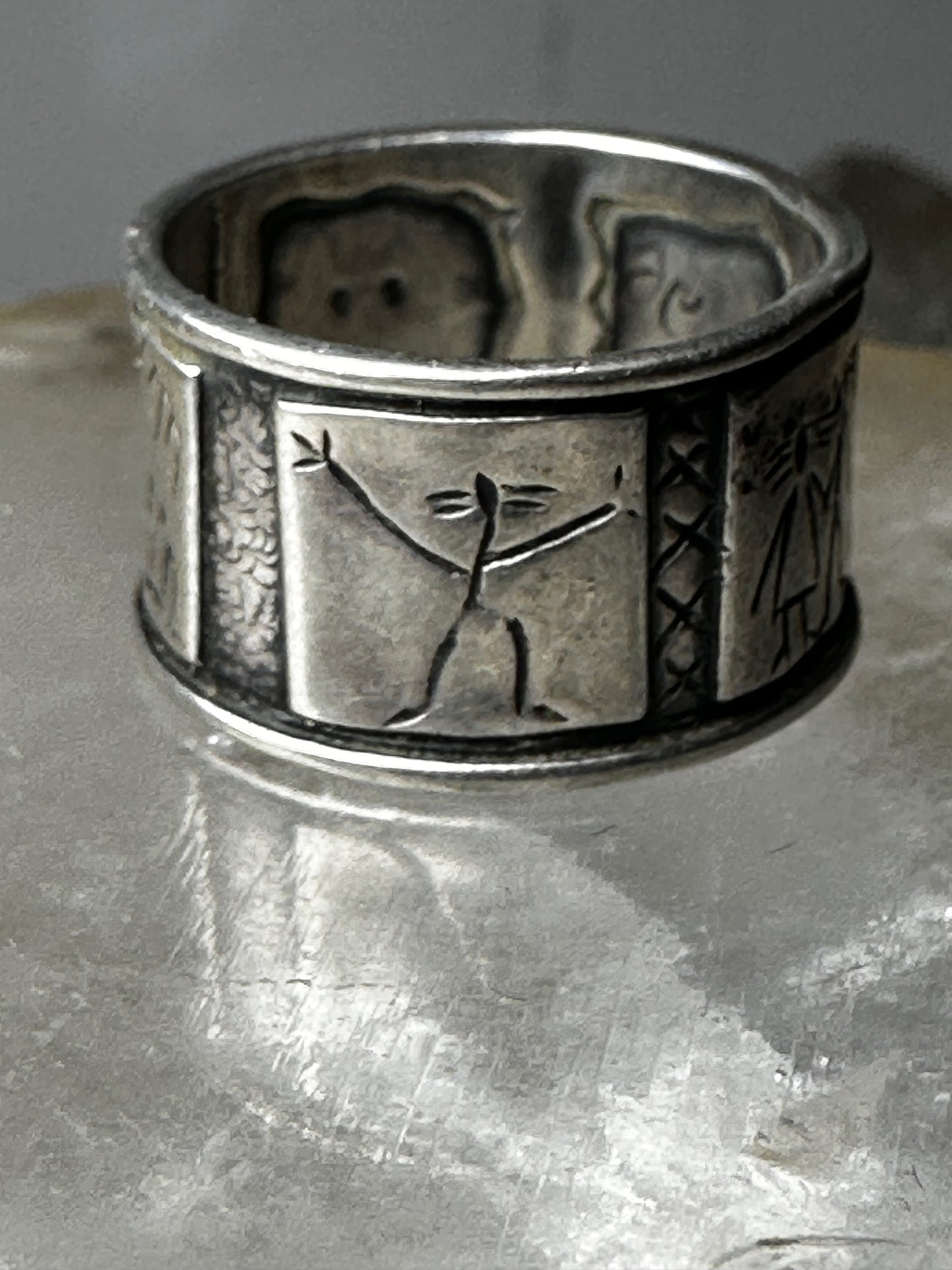 Figurative ring stick figures trees love happiness band size 7.50 sterling silver women