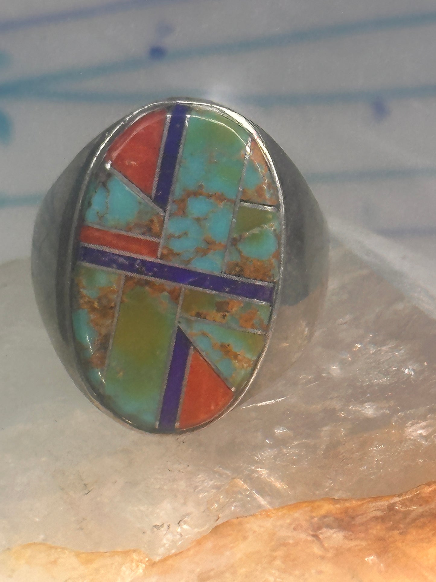 Zuni ring Turquoise spiny oyster lapis inlay band size 10 sterling silver