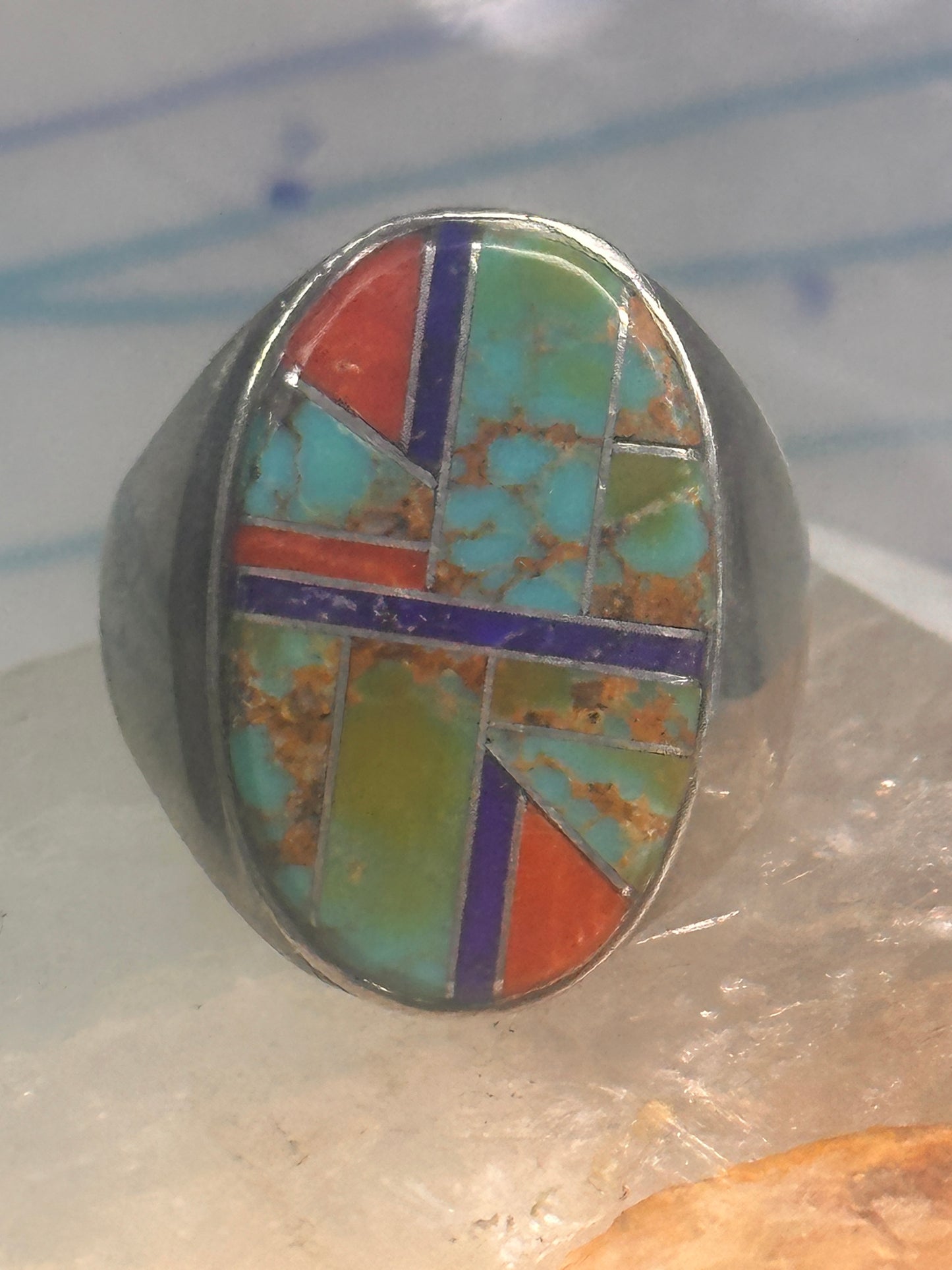 Zuni ring Turquoise spiny oyster lapis inlay band size 10 sterling silver