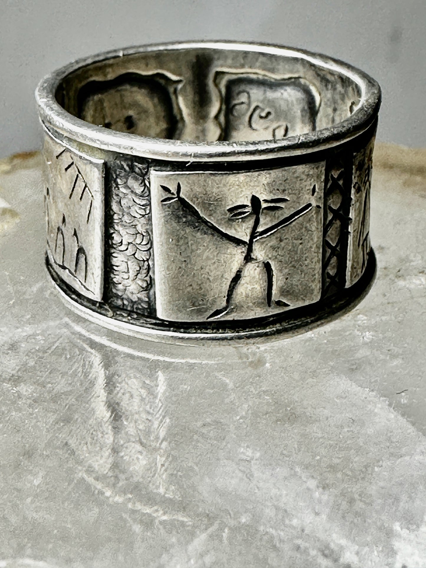 Figurative ring stick figures trees love happiness band size 7.50 sterling silver women