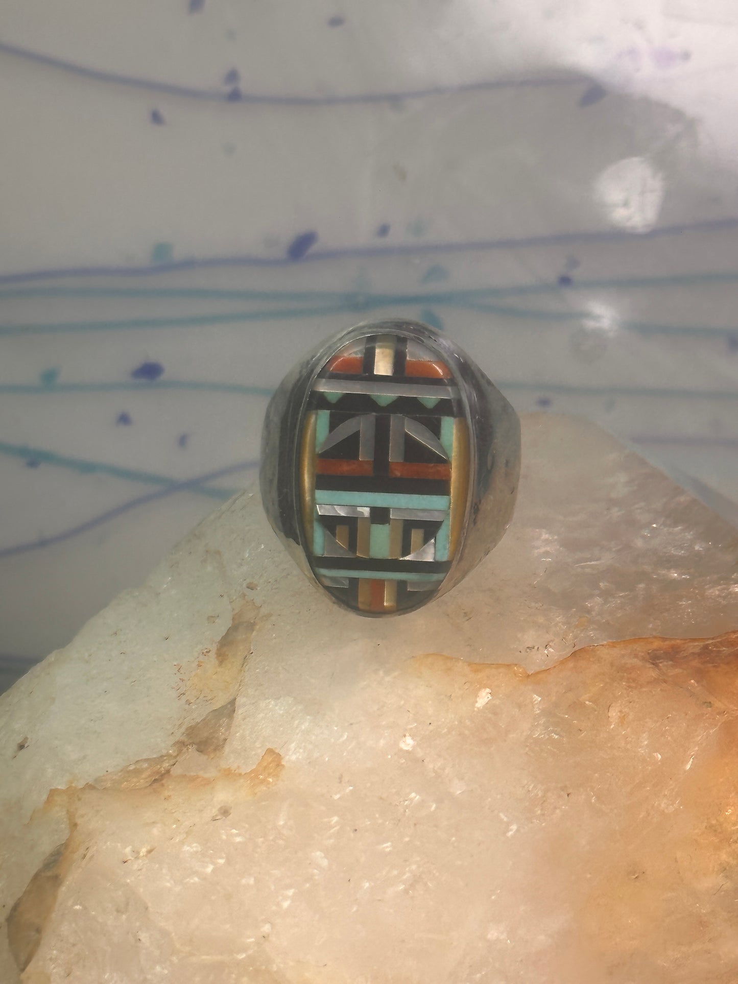 Zuni ring Turquoise mother of pearl jet inlay band size 11.75 sterling silver