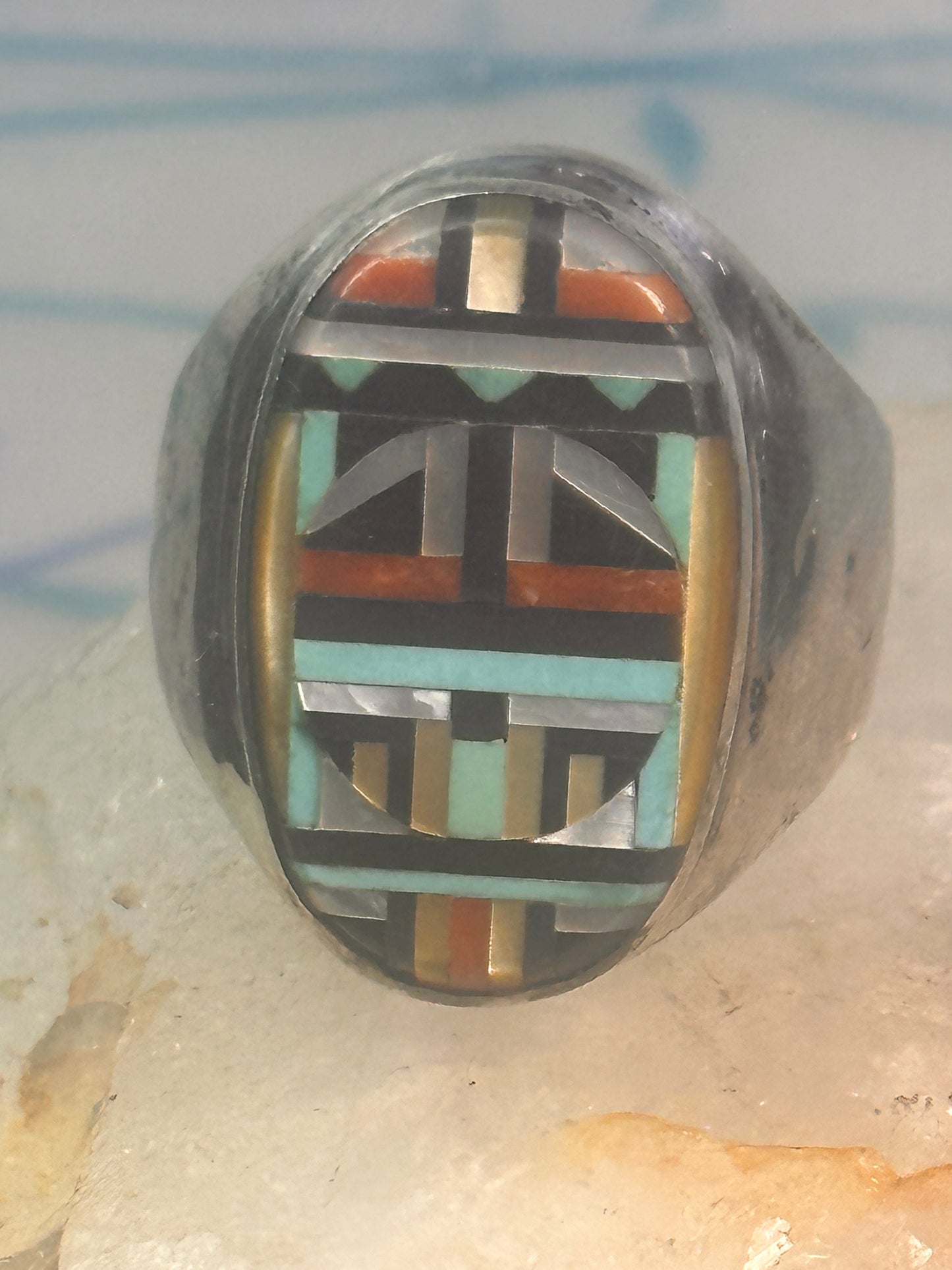 Zuni ring Turquoise mother of pearl jet inlay band size 11.75 sterling silver
