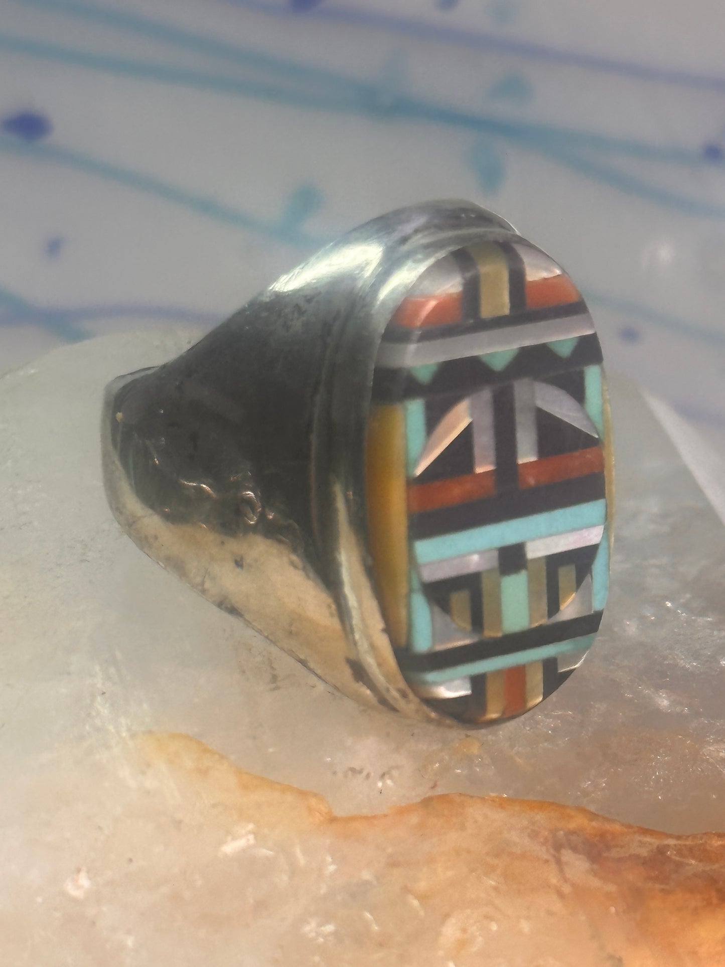 Zuni ring Turquoise mother of pearl jet inlay band size 11.75 sterling silver
