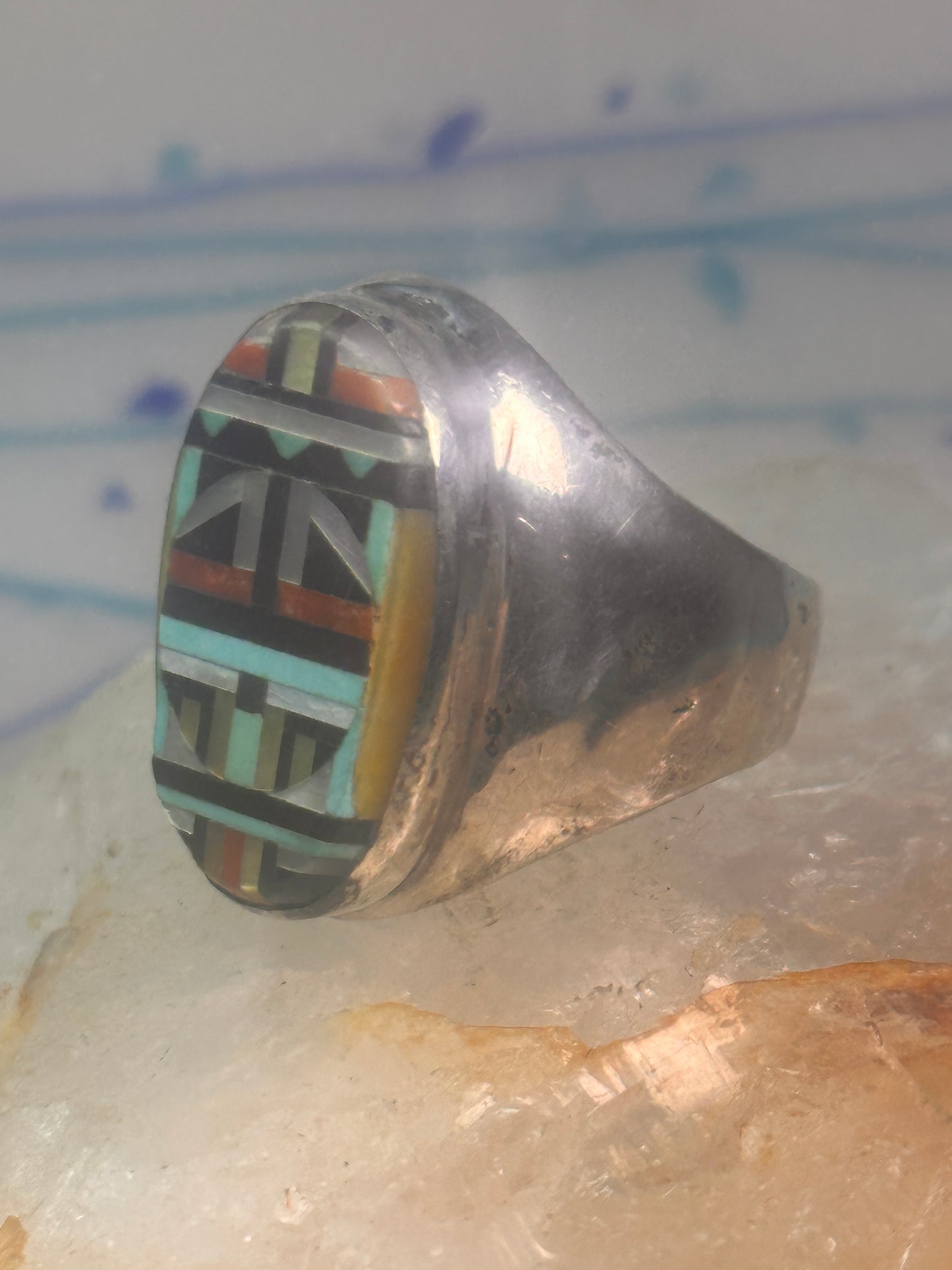 Zuni ring Turquoise mother of pearl jet inlay band size 11.75 sterling silver