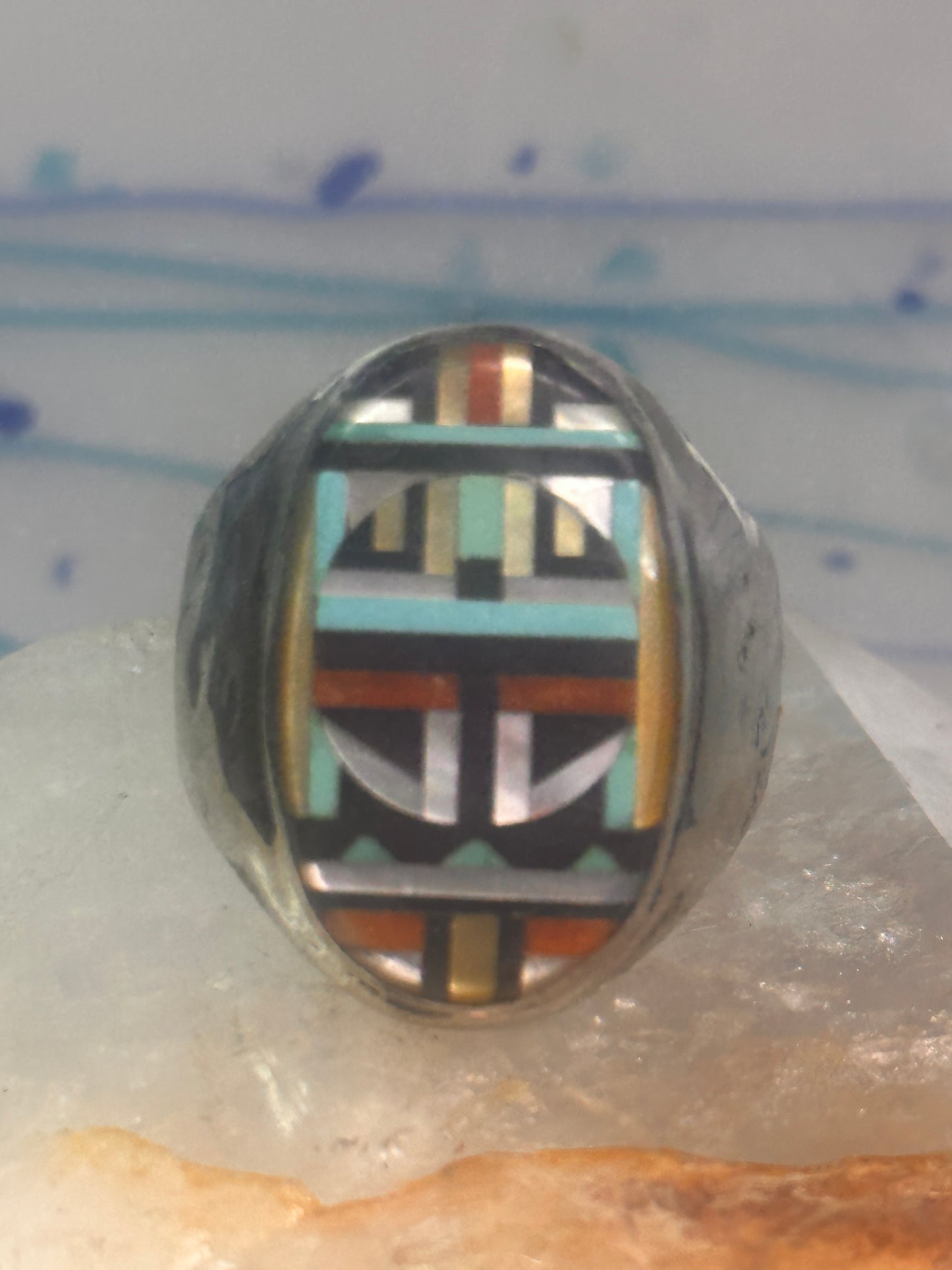 Zuni ring Turquoise mother of pearl jet inlay band size 11.75 sterling silver