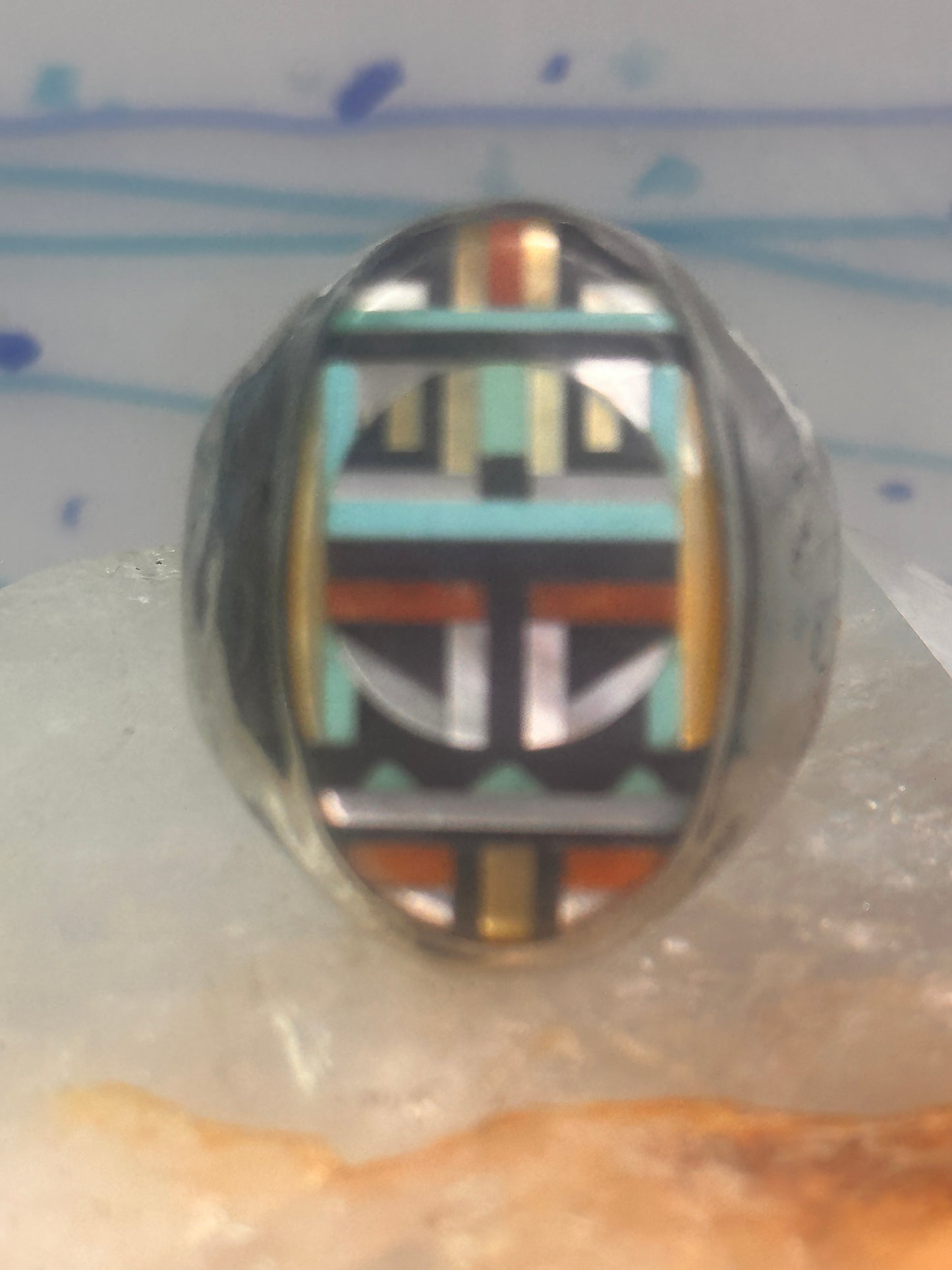 Zuni ring Turquoise mother of pearl jet inlay band size 11.75 sterling silver