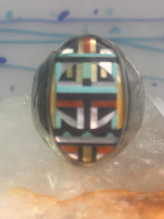 Zuni ring Turquoise mother of pearl jet inlay band size 11.75 sterling silver