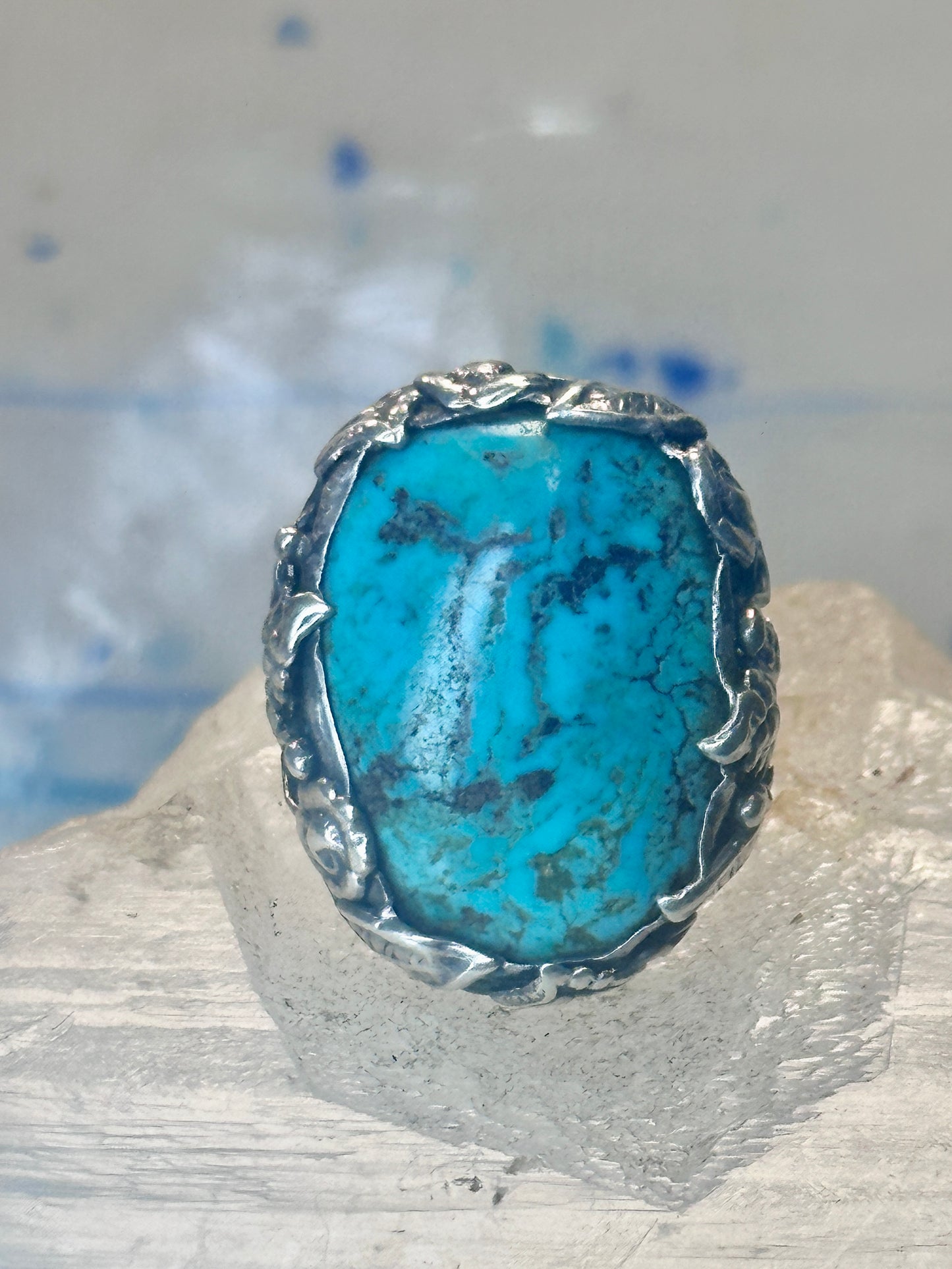 Turquoise ring size 4 pinky leaves floral flowers  art deco Sterling silver women girls