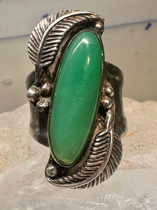 Southwest ring feathers leaves long green stone size 6.25 sterling silver women