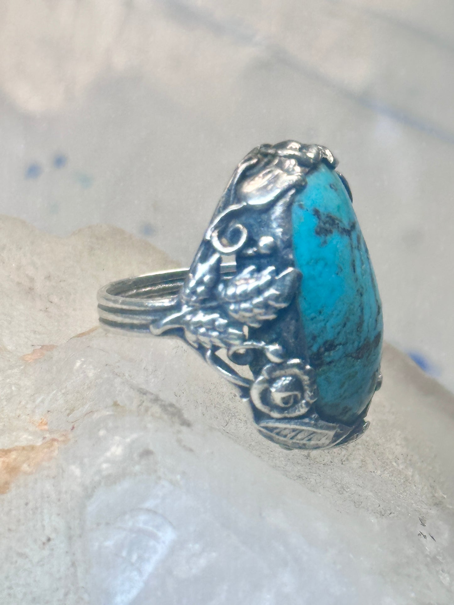 Turquoise ring size 4 pinky leaves floral flowers  art deco Sterling silver women girls