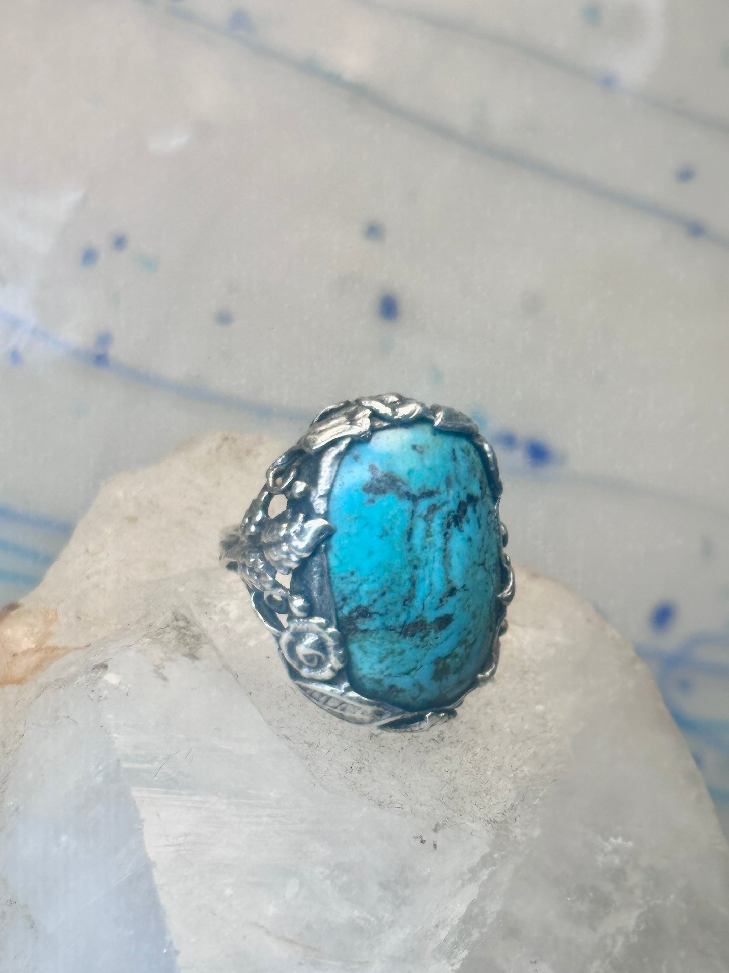 Turquoise ring size 4 pinky leaves floral flowers  art deco Sterling silver women girls