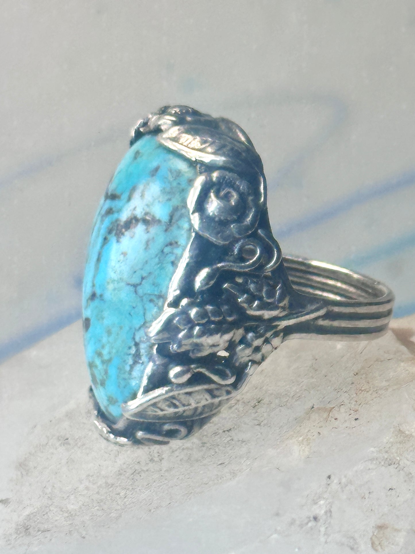 Turquoise ring size 4 pinky leaves floral flowers  art deco Sterling silver women girls