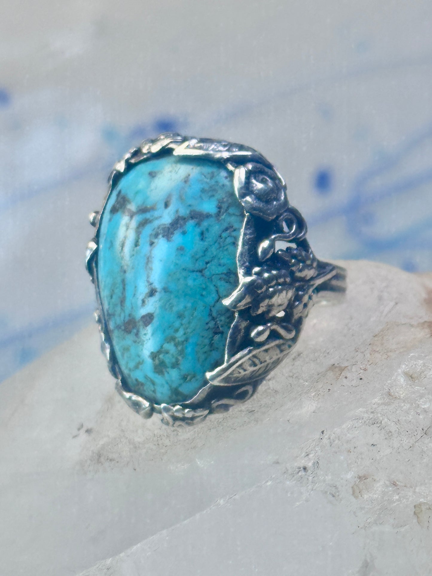 Turquoise ring size 4 pinky leaves floral flowers  art deco Sterling silver women girls