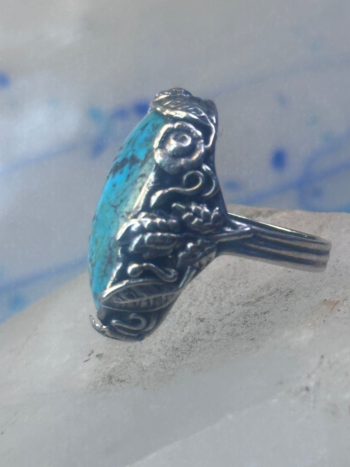 Turquoise ring size 4 pinky leaves floral flowers  art deco Sterling silver women girls