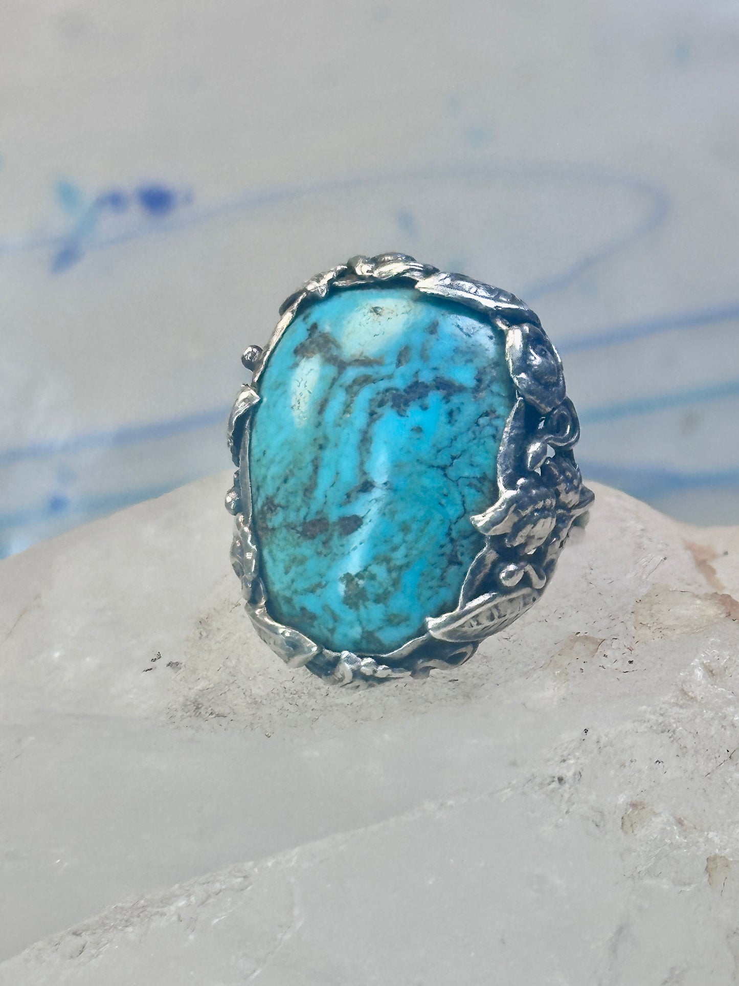 Turquoise ring size 4 pinky leaves floral flowers  art deco Sterling silver women girls